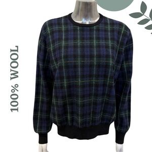 100% Wool Plaid Crewneck Sweater | Navy & Green | Classic Look | Size Large